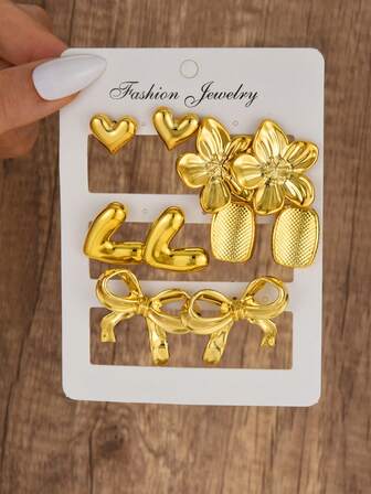 10pcs Vintage Elegant Exquisite Oversized Heart Flower Bow Gold Stud Earrings Set, Suitable For Daily Wear, Dates, Commuting, Birthday Gift, New Year Gift, Valentine's Day Gift For Girlfriend