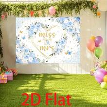 2Dflat,1pc Blue Floral Heart Shape Wedding Banner With Gold Glitter Butterfly Decoration - Durable Polyester Indoor And Outdoor Party Decoration For Engagement, Bridal Shower, Anniversary, Photography Background, Garden Wall Decoration, Fantasy Butterfly Pattern - 1PCS - View 3