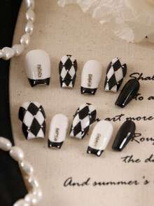 10pcs Acrylic Press On Nails French Style Black And White Checkerboard Drill Short Nails Fake Nails Artificial Nails Kit Includes 1sheet Adhesive Tabs &1 Pc Mini File - Multicolor - View 5