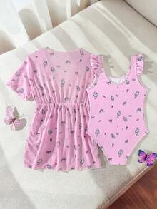 Conjunto de traje de baño y pareo con diseño de unicornio para niña - Rosa - Ver 2