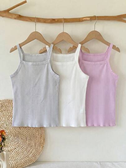 3pcs/Set Cute Girl Simple Solid Color Ribbed Ruffle Hem Camisole Tops, Comfortable Breathable Teens/Students Sports Cami Top, Suitable For Daily Wear