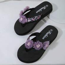 Osa 3D立体花卉女士人字拖，紫色网眼花朵时尚百搭轻便舒适沙滩凉鞋 - 黑色 - 查看 8