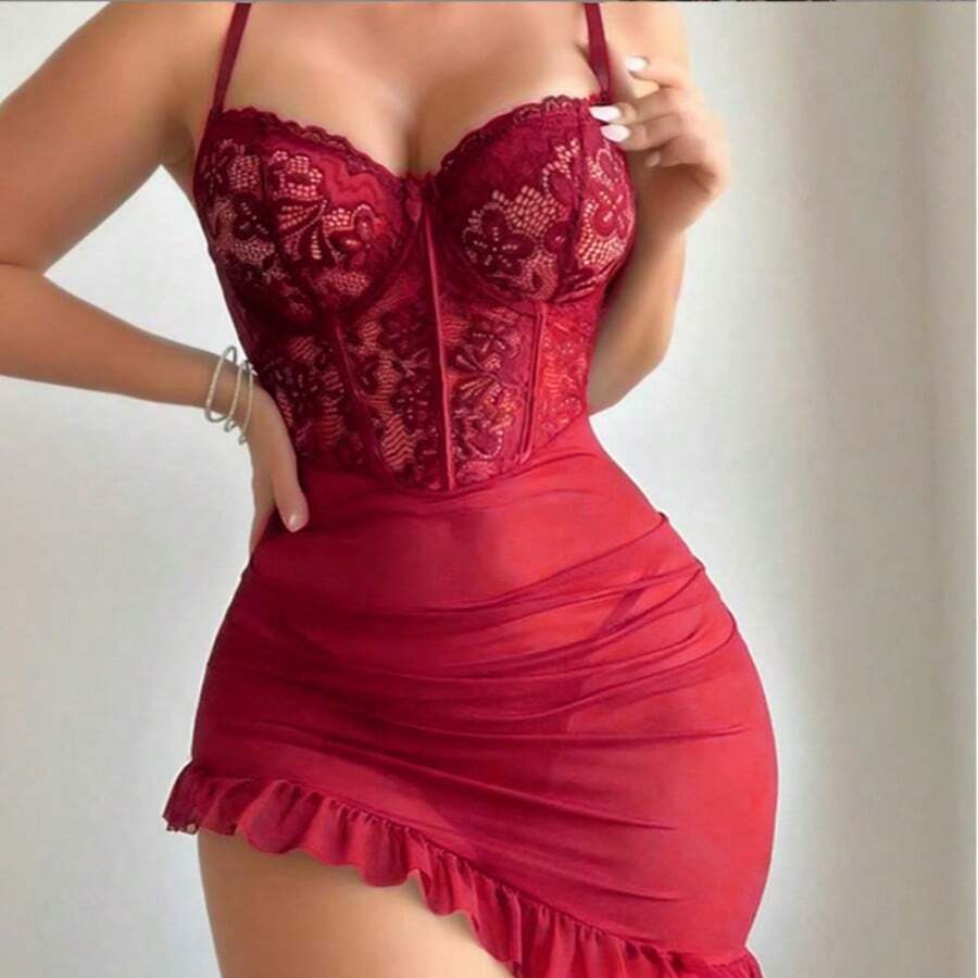 Sexy Lingerie, Sexy Lingerie Lace Underwire See-Through Temptation Suspenders Adjustable Sexy Nightdress - Burgundy - View 1