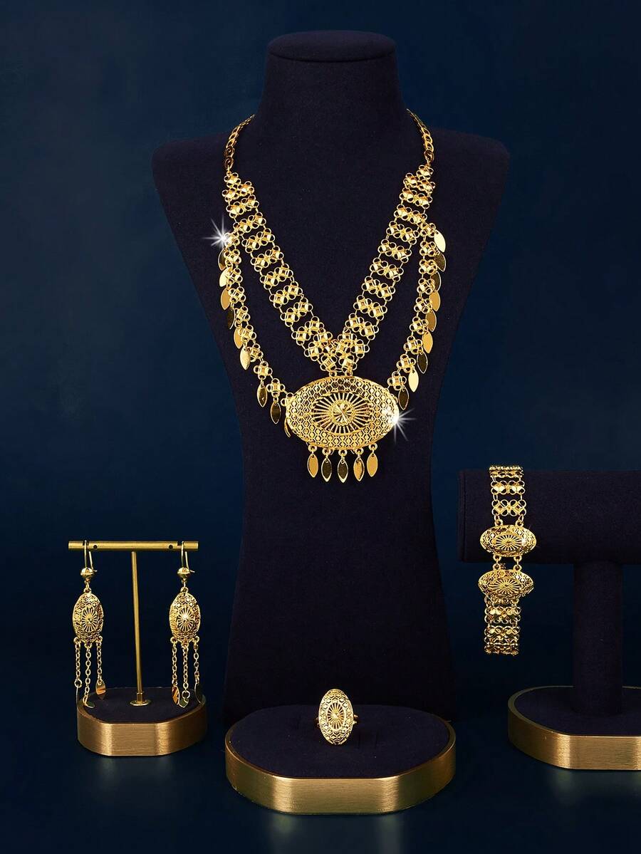 18K Gold Plated Luxury Vintage Jewelry Set For Women, Elegant Square Design Necklace, Earrings, Bracelet, Ring, Suitable For Nigeria, Dubai, Middle East, Saudi Arabia, Bridal Wedding, Daily Wear, Anniversary Gift, Halloween Gift - XSJT-051 - View 1