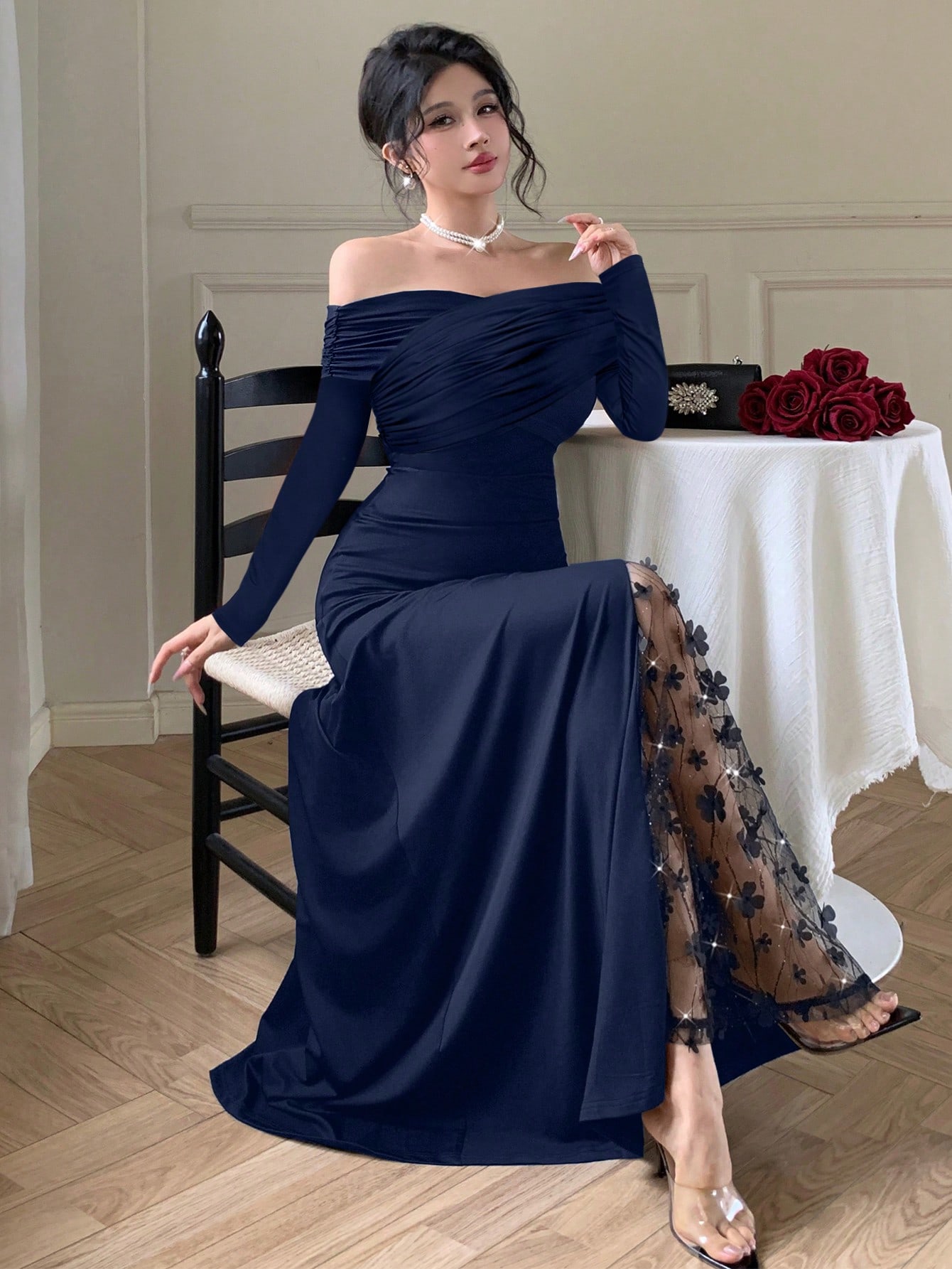 abyoxi فستان أنيق أزرق داكن للنساء بأكمام طويلة وي...