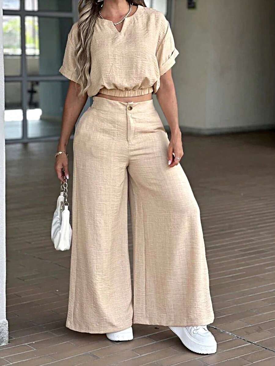 Conjunto de 2 peças com Zíper e Botão em Cor Sólida Elegante Feminino, Adequado para Uso Diário e Férias, Primavera/Verão - Damasco - Visão 1