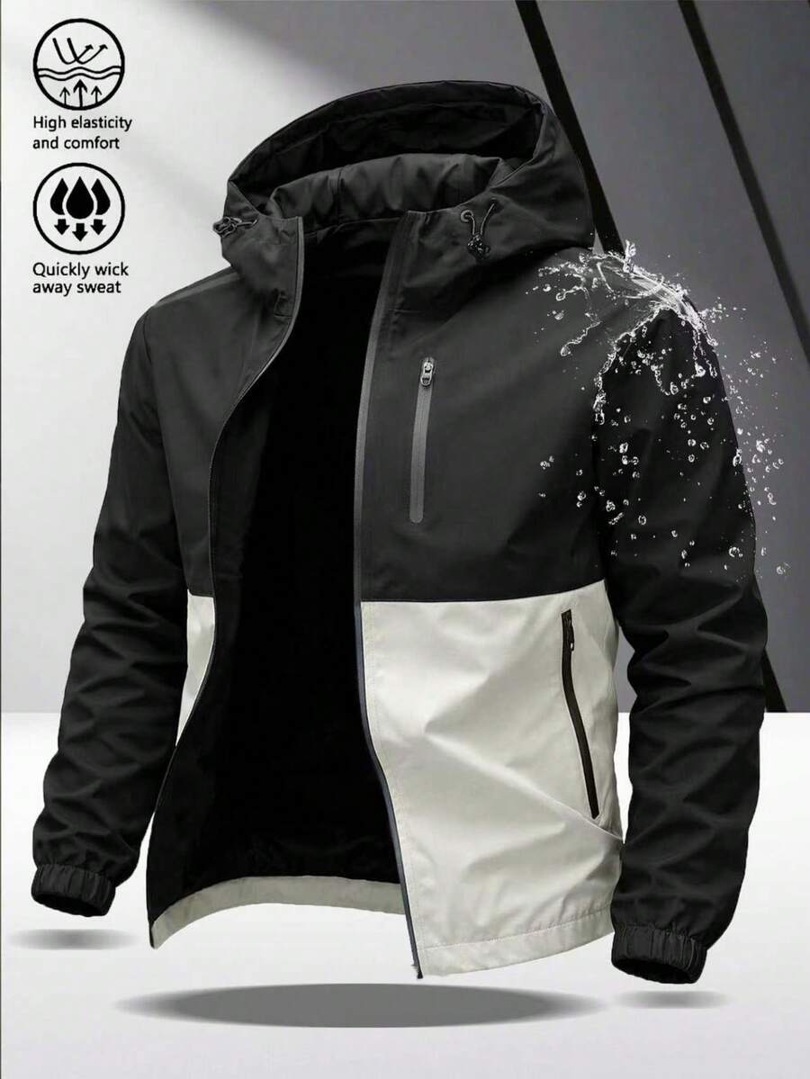 Men's Drawstring Hooded Casual Versatile Zip Pocket Windbreaker Jacket, Suitable For Daily Wear