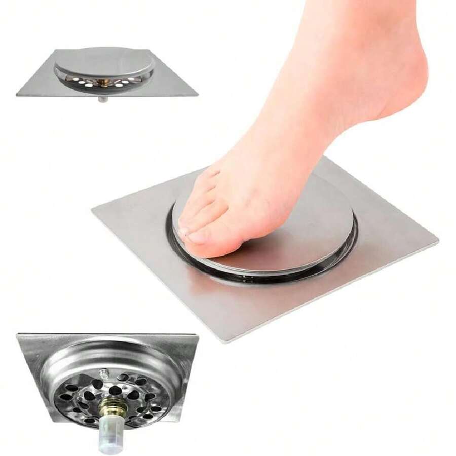 Coladera Push para Drenaje de Baño – Acero Inoxidable 15x15 cm, Antiolores y Antibloqueo, Rejilla de Desagüe con Tapa de Presión a Pie, Resistente y Fácil de Limpiar (Plateada),37268791 - Multicolor - Ver 1
