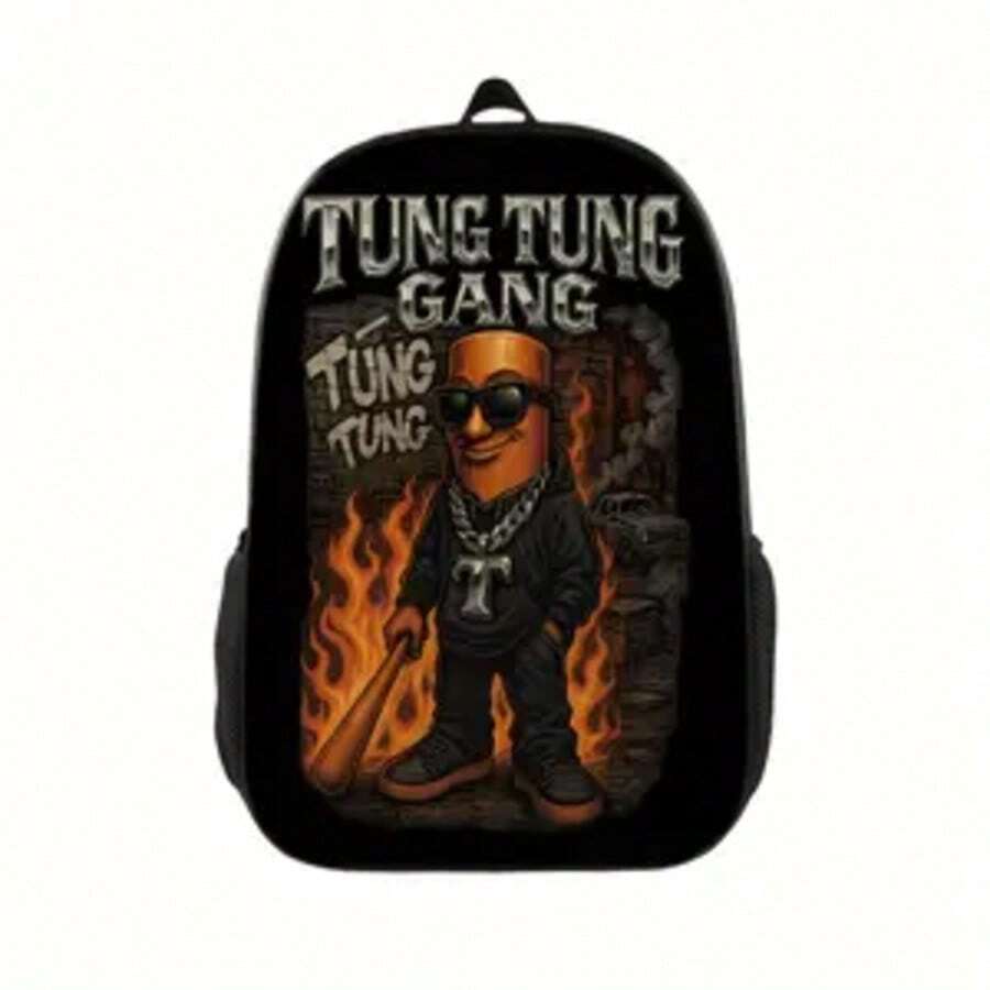 Tung Tung Tung Sahur Tung Tung Gang Graphic Print Backpack - Lightweight Travel Backpack With Separate Laptop Compartment, Adjustable Shoulder Straps & Durable Polyester, Stylish Commuter Essentials For School, Work, Daily Use, Backpack For School, Bold - Black - View 1