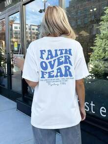 1pcs Plus Size Women's T-Shirt, Printed With "FAITH OVER FEAR" And Bible Verse Designs On The Back, Suitable For Church Services, Religious Activities - White 2 - 查看 7