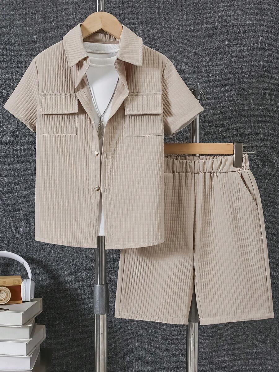 Boys' Shirt Set, Summer Double-Layer Plaid Short Sleeve Pocket Shorts, Symmetrical Pockets Small Lapel Casual Shirt Set, Suitable For 8-12 Years Old Casual Gatherings - Apricot - View 1