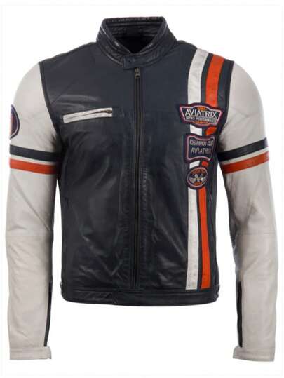 AVIATRIX Men's Real Leather Racing Stripe Biker Jacket 3ZS3 Navy White