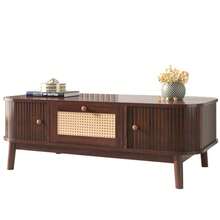 Coffee Table - Rattan Coffee Table, Drawers With Rattan And Sliding Doors With Solid Wood Slats, Solid Wood Legs, Natural Country Style. - Natural Color - View 1