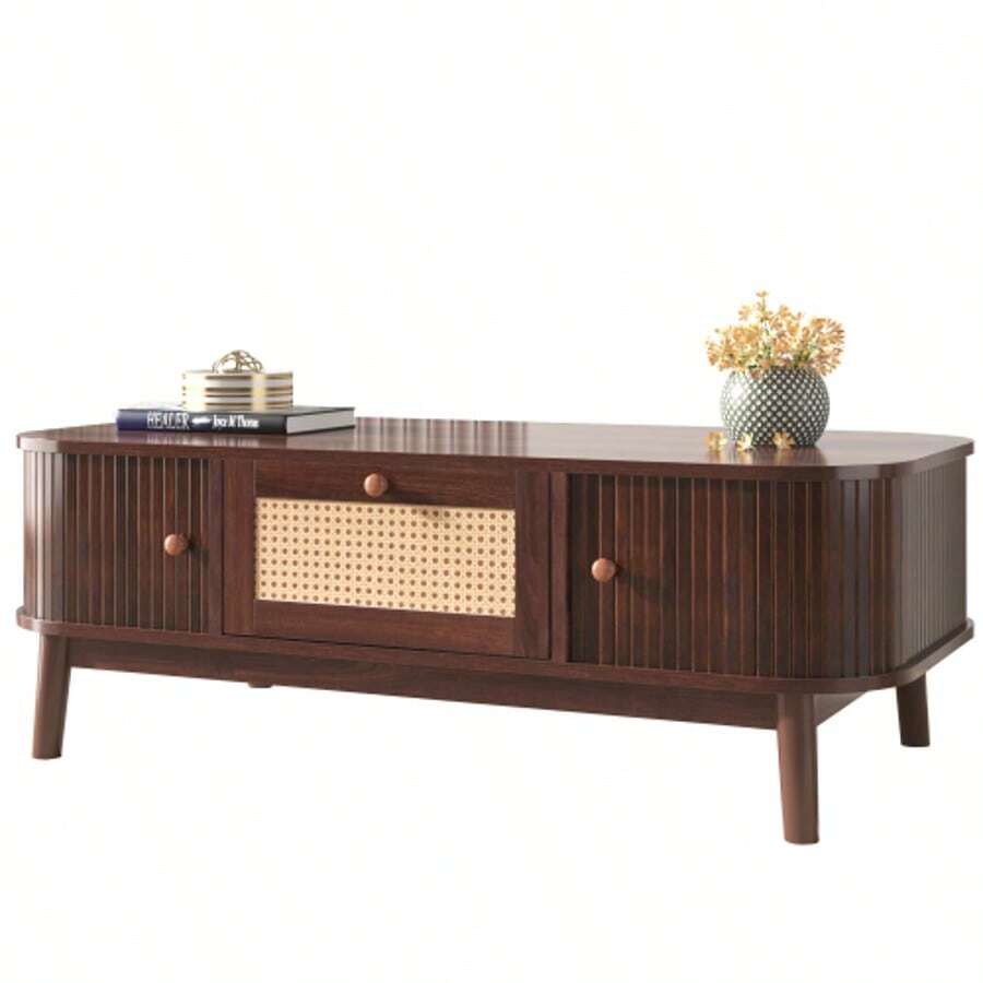 Coffee Table - Rattan Coffee Table, Drawers With Rattan And Sliding Doors With Solid Wood Slats, Solid Wood Legs, Natural Country Style. - Natural Color - View 1