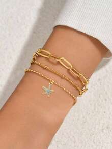 Nooxian 3pcs/Set Women Bracelets Set, Bohemian Summer Beach Style, Includes Golden Plated Multi-Layer Basic Chain, Beaded Chain, Satellite Chain, Paper Clip Chain, Bead Chain, Copper Inlaid Blue Zirconia Starfish Pendant, Multi-Layer Stacking Bracelets, Jewelry Gift - Yellow Gold - View 2