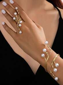 1 Set Of 2pcs Fashionable & Elegant Hollow Geometric Sparkling Faux Pearl Bracelet & Ring Jewelry Set For Women - Multicolor - View 6