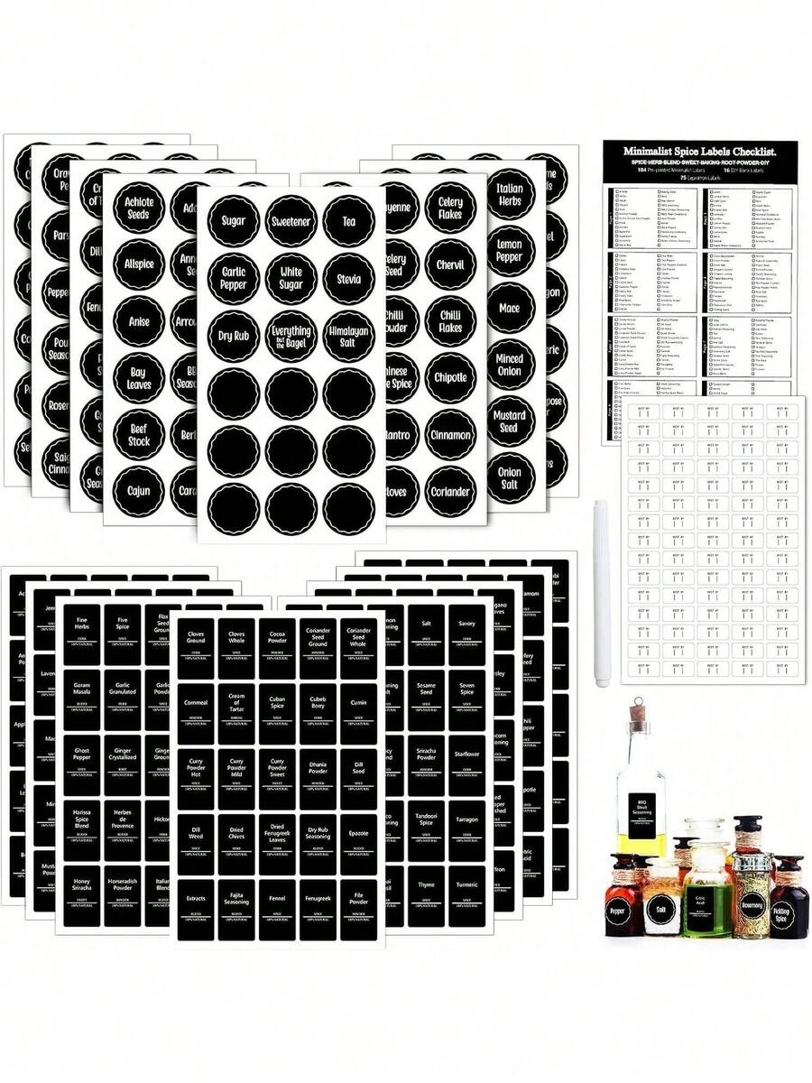 EstiloGeeRic 419 Pieces Pegatinas Pizarra Etiquetas Impermeables,con Rotulador para Contenedores Alimentos de Cocina, Tarros, Vidrio, Especias, Tazas, BotellasVersión mejorada - 1 - Ver 1