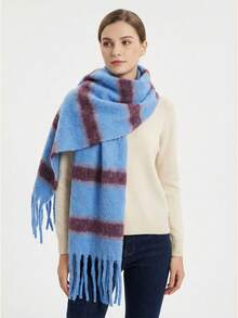 1 chiếc khăn quàng cổ kẻ sọc đơn giản có tua rua dành cho nữ, chất liệu polyester mềm mại, thích hợp cho các buổi đi chơi, đi làm hàng ngày vào mùa thu/đông. - Nhiều màu - Xem 2