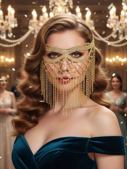 1ชิ้น หน้ากากอนามัยตาข่ายกลวงคริสตัลพลอยเทียมหลายชั้นพร้อมพู่ยาว, เครื่องประดับหน้ากากบอลปาร์ตี้แกลมเมอร์, ของขวัญสำหรับผู้หญิง