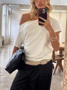 Women Y2k Off Shoulder Shirt Casual Short Sleeve Solid Color Loose Fit Crop Top Vintage Striped One Shoulder Tee Summer Streetwear Going Out Blouse  Daily Wear - 白色 - 查看 8