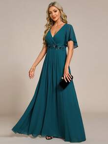 Đầm phù dâu, đầm dạ hội, đầm dự tiệc cưới bằng chiffon xếp ly, tay bồng, thêu họa tiết thanh lịch, cổ chữ V. - Màu xanh ngọc - Xem 6