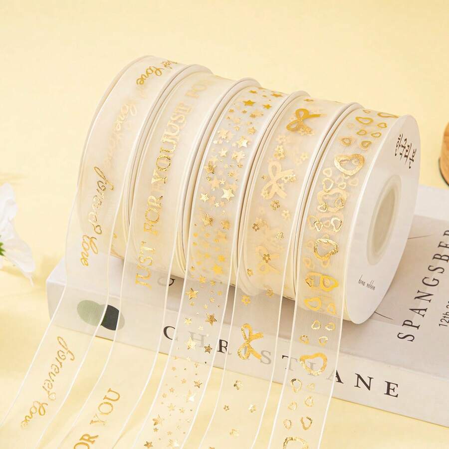 2.5厘米*9米 梦幻爱情图案浪漫金属箔欧根纱礼品包装丝带，适用于情人节、周年纪念日、生日 - 彩色 - 查看 1