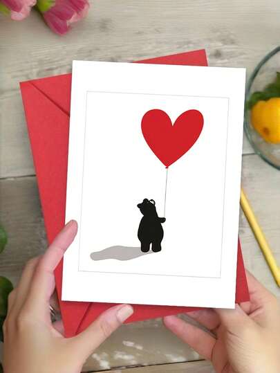 1pc Cute Bear Heart Balloon Valentine's Day Card With Envelope - Romantic Love Greeting Card For Boyfriend/Girlfriend - Suitable For Birthday/Anniversary/Couple Celebration, Blank Inner Page For Writing