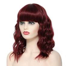 Red Wavy Curly Wig With Bangs, Short Women's Curly Bob Wig Medium-Long Burgundy Wig, Natural-Looking Heat-Resistant Synthetic Wig - Multicolor - View 3