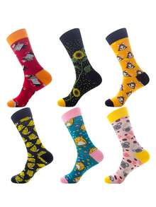 3/6 pares de calcetines unisex con patrones de animales de dibujos animados, queso, girasol, lindos y de moda, versátiles para uso casual, deportivo, de calle, suaves y transpirables, aptos para todas las estaciones