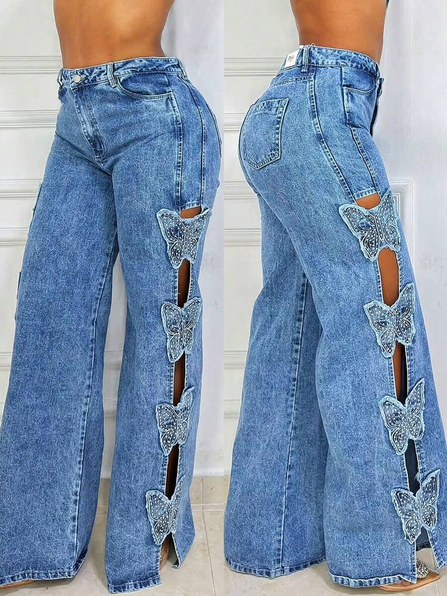 GLOURI Women's Light Blue Denim Wide-Leg Jeans - Side Cutout With Rhinestone Butterfly Embellishments | Y2K Chic Style For Streetwear, Party Nights & Casual Outings (Denim Durable & Sparkly Eye-Catching Detail) For Glam Looks - Màu xanh lam - Xem 1