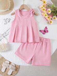 2 Stück/Set Lässig Dopamin Outfit für Kleine Mädchen, süßer Stil mit 3D Schleife Design Rundhals rosa Trägerhemd und weite Shorts Set, Frühling/Sommer - Pink - Übersicht 2