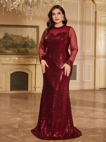 XUIBOL Plus Size Women's Elegant Long Formal Dress In Burgundy, With Sequin Embroidery Details And Regular Sleeves - Burgundy - View 4