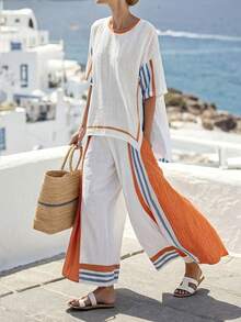 2pcs Women Casual Striped Print Off Shoulder Top With Slit Sleeve And Wide Leg Pants, Bohemian Style - Orange - View 2