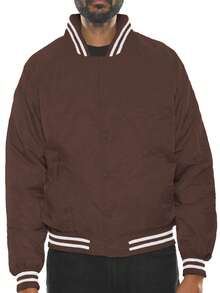 Men Solid Varsity Bomber Jacket Waterproof Fall Winter Summer Lightweight All Season Striped Trim Slant Pockets Baseball Jacket Snap Button - Brown - View 3