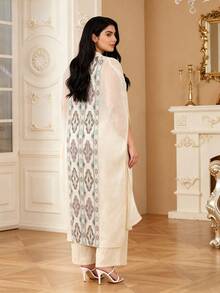 Embroidered Colorful Elegant Jalabia Dress, Gold Embroidered Trim Decor Open Front Cover Up With Sheer Straps, Wide Leg Jumpsuit, Luxury Elegant 2026 New Style Ramadan Traditional - Apricot - View 12