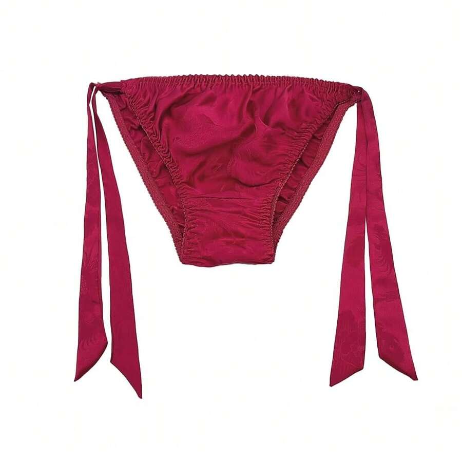 Women Silk Panties Lightweight Briefs Smooth Breathable Satin Bikini,Sexyys Tie-Side Underwear Daily Fit Comfort,Wine - 葡萄酒 - 查看 1