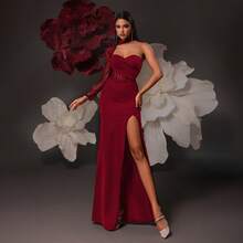 VIPGIRL Choker Neckline Sleeveless Ruched Formal Gown, Burgundy Dress - Burgundy - View 4