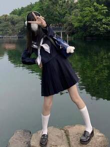 Cosplay Clothing - Màu lục lam phía trước màu lục lam dài tay màu lục lam JK スカート khăn quàng trắng リングめ - Xem 2