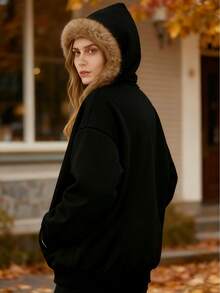 Women's Fashion Custom Patterned Print, Customizable Text, Personalized Back With Custom Photo/Design, Women's Fashion Leopard Print Fur Collar Zip-Up Hooded Jacket With Thermal Lined, Autumn And Winter Fashion Hooded Jacket, Wild And Versatile Fashion, Soft And Skin-Friendly And Cool Street Style Autumn And Winter Warm Coat. - Black - View 6