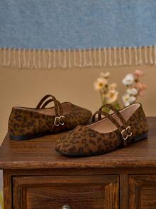 女士时尚方头豹纹玛丽珍芭蕾舞鞋，适合日常通勤、办公、派对、约会等场合，休闲百搭的平底鞋，双绑带设计 - 豹紋 - 查看 6