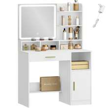 Hzuaneri Dressing Table With Mirror And LED Light, With 3 Shelves And 4 Open Compartments, Dressing Table With Large Drawers And Cabinets, 3-Way Adjustable Lighting, White - White - View 8