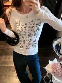 Round Neck Long Sleeve T-Shirt American Hot Girl, Spring And Autumn New Cartoon Pattern, Women's Short Fitted Top - White - View 1