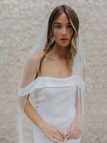 1pc Handmade Crystal Beaded Edge Bridal Veil With Hair Comb, Suitable For Wedding, Party, Photography, Cathedral/Fingertip Length, Heat Pressed To Reduce Creases - Straight White - View 15