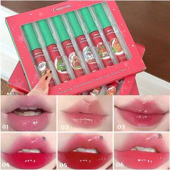 Cappuvini เซอร์ไพรส์คริสต์มาส ลิปสติกเหลว 6 ชิ้น ชุดของขวัญ เนื้อแมตต์กำมะหยี่ ติดทนนาน สีสันเทศกาล ของขวัญปาร์ตี้วันหยุด 12 กรัม