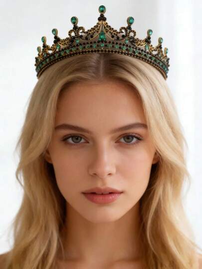 1pc Baroque Style Green Crystal Vintage Queen Crown, Bridal Wedding Headpiece