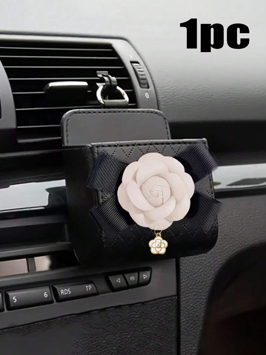 Leather Car Air Vent Storage Box, Car Storage Box, Hanging Bag Style Car Phone Storage Box, Butterfly & Flower Design, Creative Seat Clip Storage Box, Flower Storage Box, With Camellia Pendant Decor, Suitable For Car Interior Decoration, Multi-Functional Interior Accessories - Multicolor - View 1