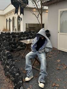 Men Reversible Hooded Jacket Solid Color And Plaid 2 In 1 Lightweight Zip Up Coat Two Sides Streetwear For Fall - 灰藍色 - 查看 5