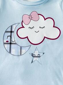 Sweet & Cute 2-Piece Baby Pajama Set, Blue Long Sleeve Round Neck Top With Cloud, Moon & Star Print + Plaid Pants - Blue - View 8
