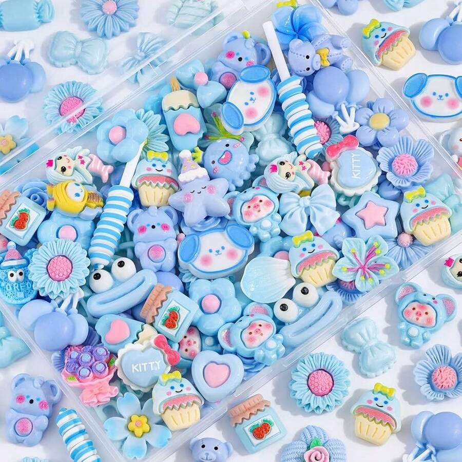 100Pcs Blue Slime Charms Assorted Cute Decoden Embellishments, Kawaii Slime Accessories,Candy Heart Bear Bulk Flatback Resin Charm For Phone Junk Cases,ScrapbooFKing Crafting & DIY Decoration - 藍色的 - 查看 1