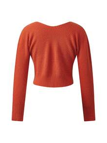 Women's Cropped Sweater Cardigan Long Sleeve Open Front Buckle Closure Knitwears - Red - View 2